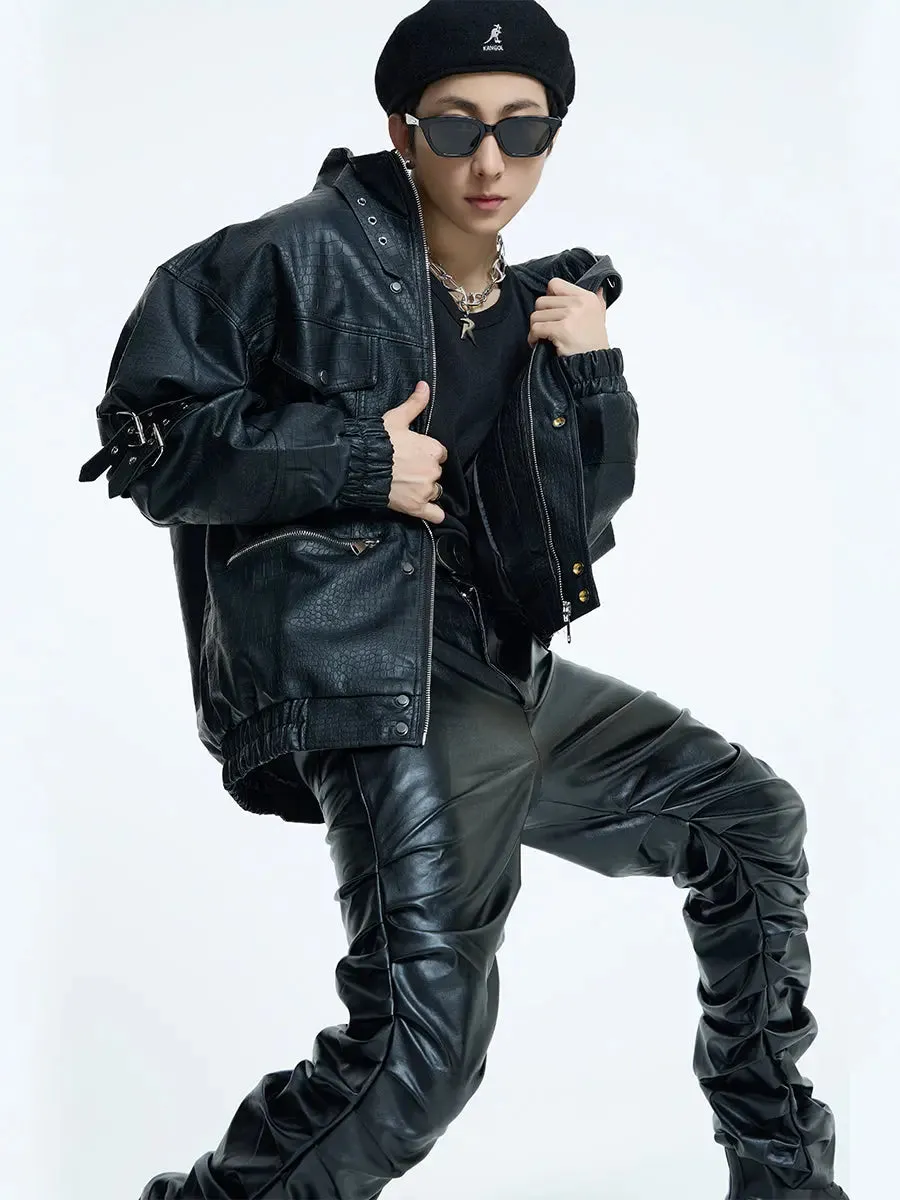 【23s September.】Loose Casual Retro PU Leather Jacket  Leather Pants