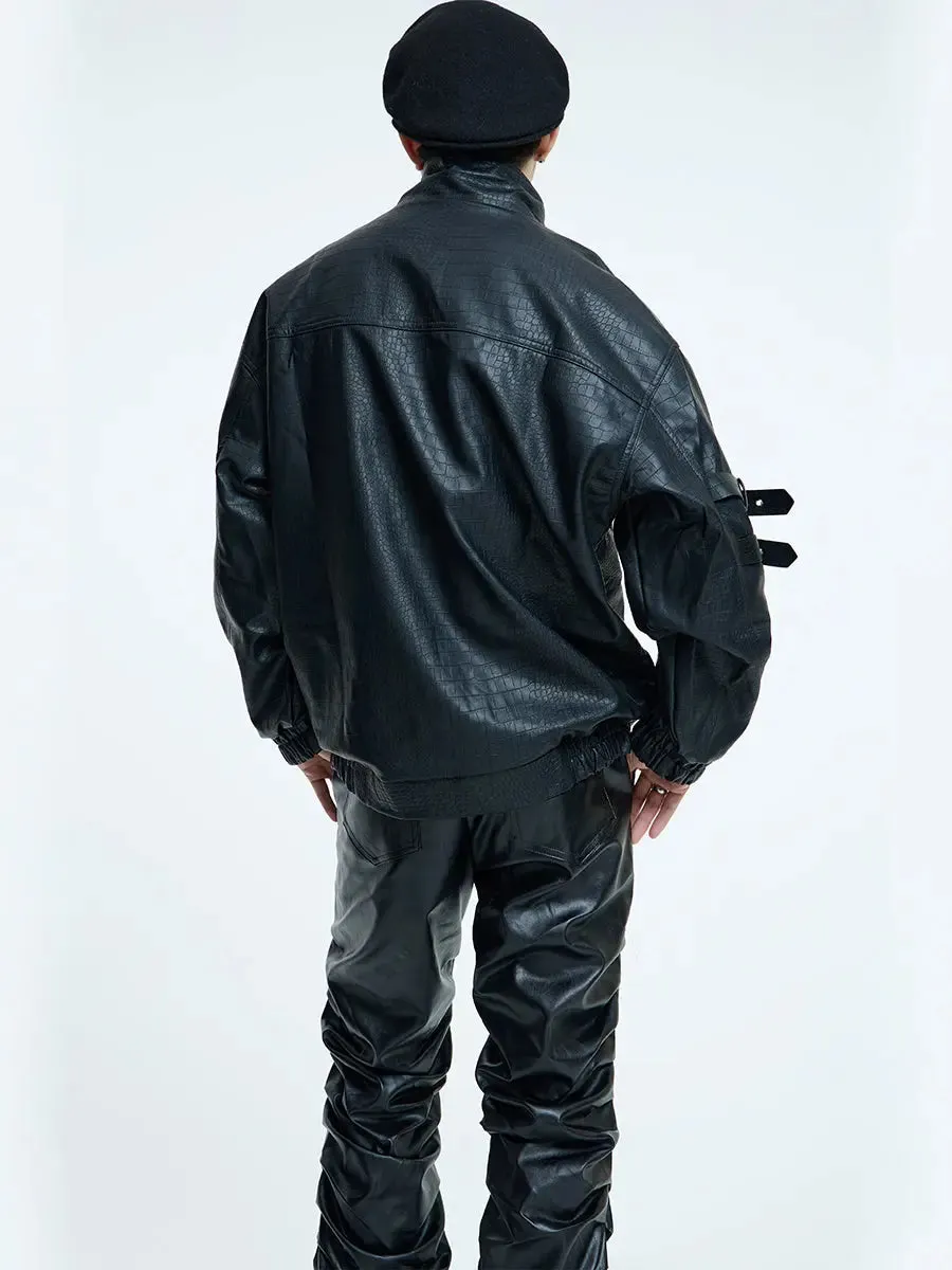 【23s September.】Loose Casual Retro PU Leather Jacket  Leather Pants