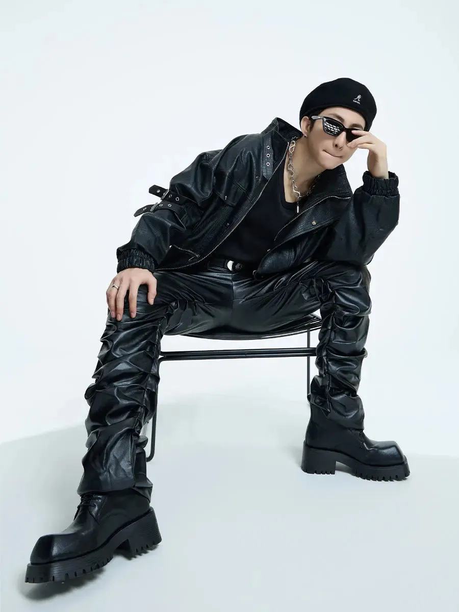 【23s September.】Loose Casual Retro PU Leather Jacket  Leather Pants