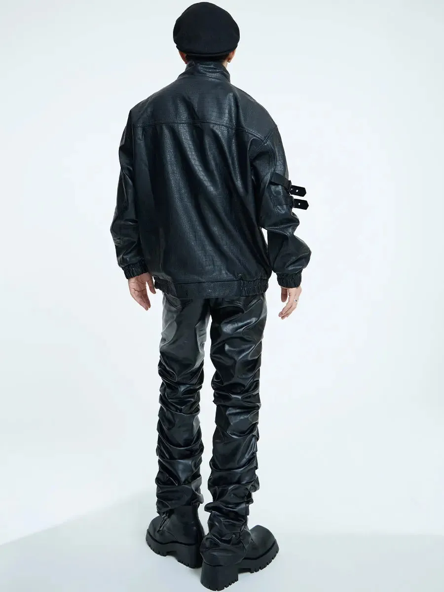 【23s September.】Loose Casual Retro PU Leather Jacket  Leather Pants