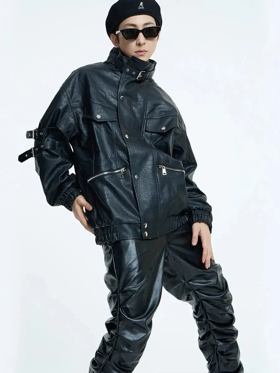 【23s September.】Loose Casual Retro PU Leather Jacket  Leather Pants