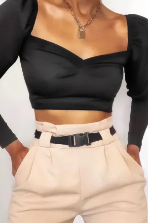 Black Puff Sleeve Sweetheart Neckline Crop Top - Tomi