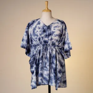 Blue - Shibori Tie-Dye Cotton Kaftan with Tie-Up Waist (Short)