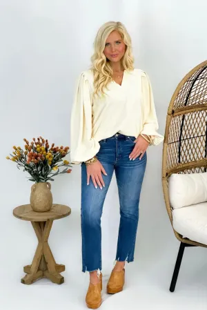 Cream Puff Sleeve V-Neck Sweatshirt