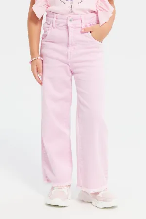 Girls Pink Plain Wide Leg Jeans