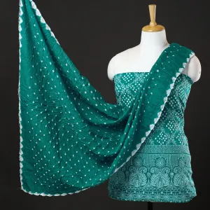 Green - 3pc Kutch Bandhani Tie-Dye Mirror Work Satin Cotton Suit Material Set 60