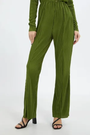 Women Green Plisse Wide Leg Trouser