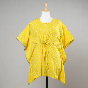 Yellow - Bandhani Tie-Dye Cotton Kaftan with Tie-Up Waist (Short)